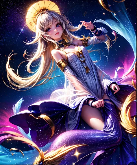 Describe a scene where a cute girl character is lying on a grassy hill, Looking up at the starry sky. Surround her with colorful nebulae and her favorite constellations.