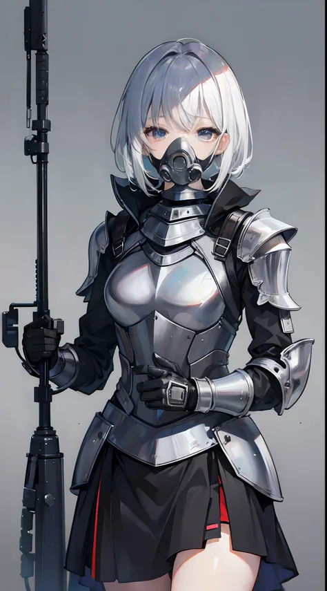 Puppet with gas mask，Beautiful materials，Short silver hair，Black close-fitting armor，Lady Knight