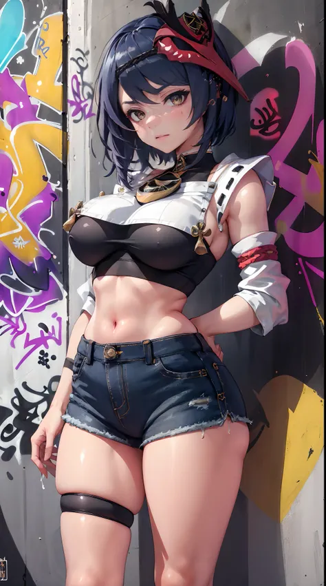 Kujou Sara Genshin Effect, masterpiece, bestquality, 1girls, oversized breasts, bara, crop top, shorts jeans, choker, (Graffiti:1.5), Splash with purple lightning pattern., arm behind back, against wall, View viewers from the front., Thigh strap, Head tilt...