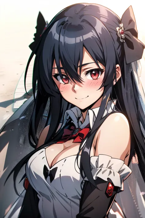 akame (akame ga kill), wearing a wedding dress, warm smile with a blush