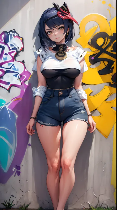 Kujou Sara Genshin Effect, masterpiece, bestquality, 1girls, oversized breasts, bara, Suit shirt, shorts jeans, choker, (Graffiti:1.5), Splash with purple lightning pattern., arm behind back, against wall, View viewers from the front., Thigh strap, Head ti...