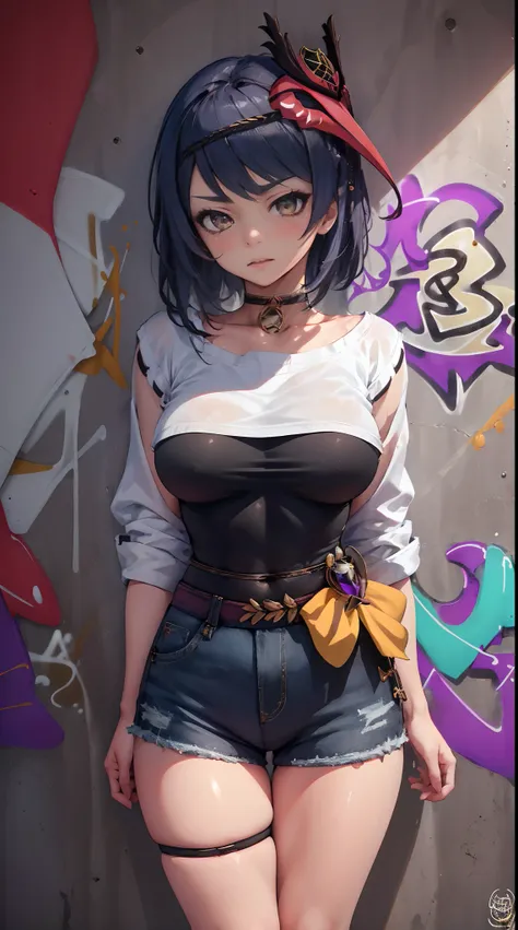 Kujou Sara Genshin Effect, masterpiece, bestquality, 1girls, oversized breasts, bara, Suit shirt, shorts jeans, choker, (Graffiti:1.5), Splash with purple lightning pattern., arm behind back, against wall, View viewers from the front., Thigh strap, Head ti...