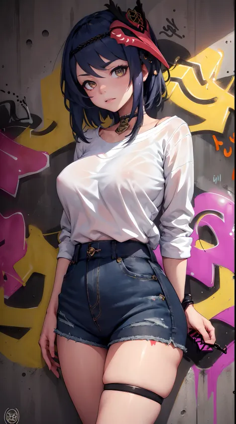 Kujou Sara Genshin Effect, masterpiece, bestquality, 1girls, oversized breasts, bara, Suit shirt, shorts jeans, choker, (Graffiti:1.5), Splash with purple lightning pattern., arm behind back, against wall, View viewers from the front., Thigh strap, Head ti...