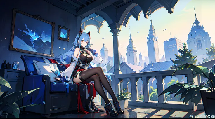 Anime girl with blue hair and black tights sitting on a rock, characters from azur lane, Estilo Azul Lane, video games「azur lane」from a, of Arc Knights, Trends in Art Station Pixiv, extremely detailed art germ, De Girls Frontline, Influence of Ayakahara Go...