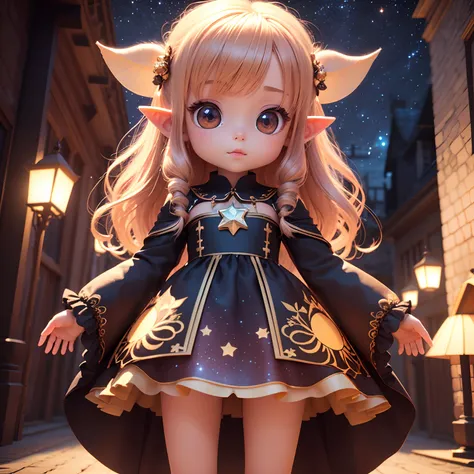 Cute Baby Chibi Anime、(((chibi 3d))) (Best Quality), (masutepiece)、Chibi Elf、a small face、petite body、Jewelry Decoration Costumes、The background is a fairytale autumn forest、Night sky with stars shining in the galaxy、Standing、Have a glowing ball in the sha...