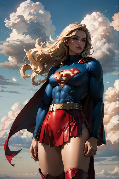 nijistyle, Cowboy shot of beautiful woman in Superman costume, Long Blonde Hair, Heroic, cape, Particle, Clouds, skyporn, Red skirt, Red boots, Sexy Pose, large udder,