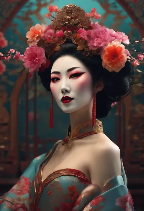 the geisha with the flowers on her face, in the style of futuristic robots, cinematic montages, appropriation artist, schlieren photography, traditional animation, intricate body-painting, dynamic anime --ar 69:128 --s 750 --v 5.2