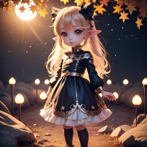 Cute Baby Chibi Anime、(((Chibi 3D))) (Best Quality), (masutepiece)、Chibi Elf、a small face、petite body、Jewelry Decoration Costumes、The background is a fairytale autumn forest、Night sky with stars shining in the galaxy、Standing、Have a glowing ball in the sha...