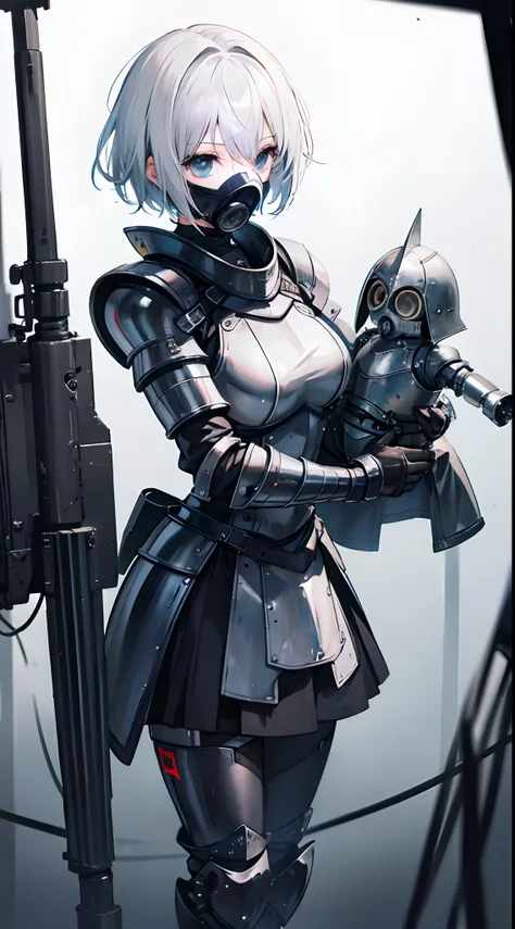 Puppet with gas mask，Beautiful materials，Short silver hair，Black close-fitting armor，Lady Knight