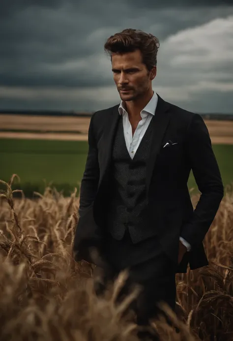 Portrait photo of a man wearing a black suit, full of wounds, looking at the camera, tall agricultural fields, a bit dark