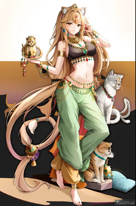 Menina anime com gato e gatinhos no fundo, gorgeous goddess of leo, aesthetic!!!!!! female genie, deusa anime, harem, official character illustration, anime fantasy illustration, ((uma bela imperatriz fantasia)), Princesa persa, arab princess, fanart requi...