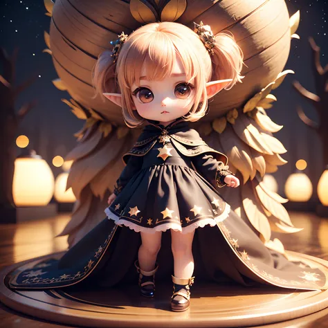 Cute Baby Chibi Anime、(((Chibi 3D))) (Best Quality), (masutepiece)、Chibi Elf、a small face、petite body、Jewelry Decoration Costumes、The background is a fairytale autumn forest、Night sky with stars shining in the galaxy、Standing、Have a glowing ball in the sha...