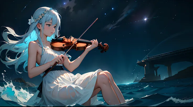 The deep darkness of the universe covers the sky、Stars floating there々Glowing quietly。the sea surface is calm、Splashes of water shimmer around the girl。Girl in white dress、Gracefully gripping the violin。Her music resonates in space and ocean、Creating a fan...