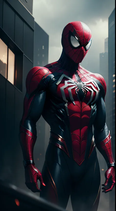 Spiderman in black suit, masculine figure, top of a building, dark ambient, cinematic, aggressive look, glowing eyes, wallpaper, gd wallpapers, detailed, hyper realistic, rainy afternoon, old building, looking at the viewer, mechanical suit