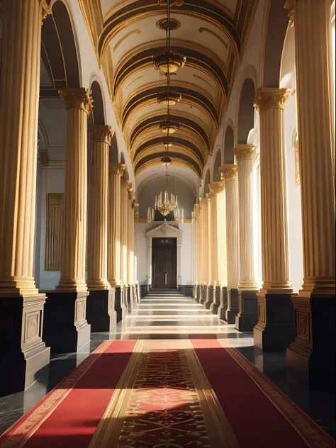 Nordic-style imperial hall with columns, paredes y suelo negros, with gold décor and a long red carpet. Al fondo, un imponente trono dorado estilo Asgard.