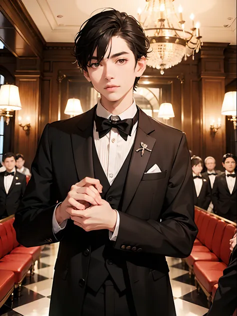 1boy,11 only、(Mans :2),(bobhair:1.5)、A dark-haired、Bright tuxedo、Inside a luxurious old Western-style building、Luxurious chandeliers、beautiful  lighting、hightquality、masutepiece,8K,hight resolution、