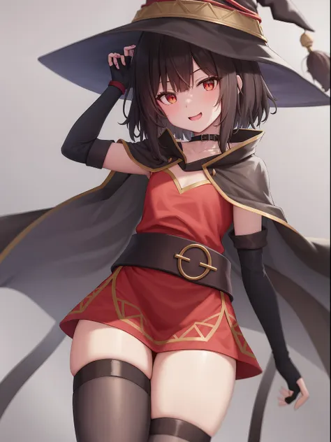 megumi， 1girll， 独奏， standing on your feet， looking at viewert， bucket-hat， witch hat， brown  hair， short long hair， red eyes， be...