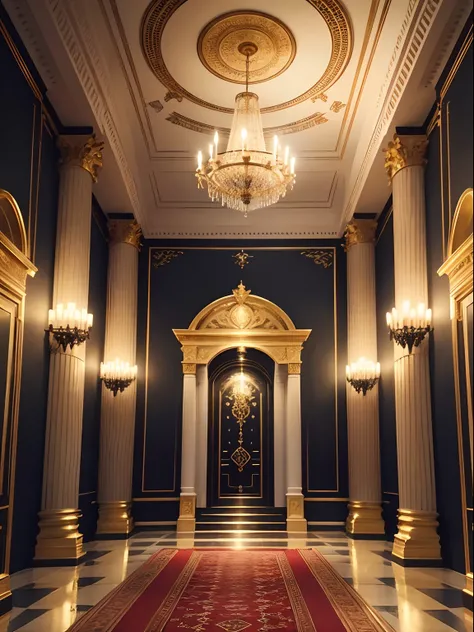 Nordic-style imperial hall with columns, paredes y suelo negros, with gold décor and a long red carpet. Al fondo, un imponente trono dorado estilo Asgard.