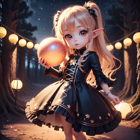 Cute Baby Chibi Anime、(((Chibi 3D))) (Best Quality), (masutepiece)、Chibi Elf、a small face、petite body、Jewelry Decoration Costumes、The background is a fairytale autumn forest、Night sky with stars shining in the galaxy、Standing、(Have a glowing ball in the sh...