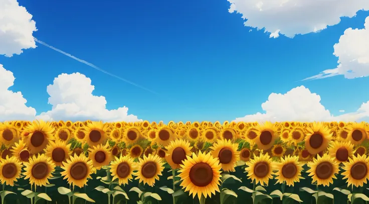 There are many sunflowers in the blue sky field, Colors : yellow sunflowers, Colors: yellow sunflowers, Sunflower stalks and leaves, Scene: Sunflower field, Scene : Sunflower field, Sunflower background, sunflowers fields, Sunflower field, sunflowers in th...