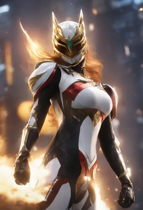 (Best Quality, hight resolution:1.2), Ultra-detailed, Realistic:1.37, Vibrant colors, Female Kamen Rider，Knightly motifs，The symbol is light，Hold your sword，holds a sword，Image colors are white and yellow，optic，Sentai Hero，Woman，Kamen Rider，Cover the entir...