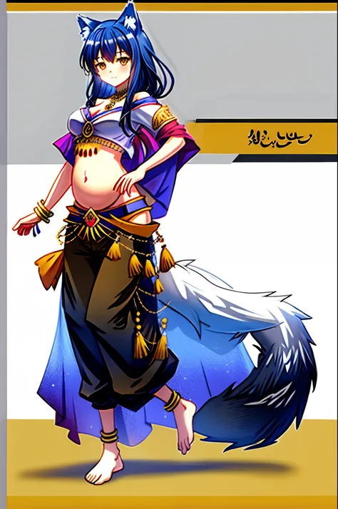 ((wolf girl)), ((full body)), ((standing pose)), ((belly dance top)), ((jewelry)), ((very long and baggy belly dance harem pants)), ((bare feet)), ((fully detailed))