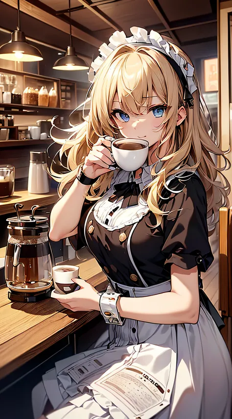 top-quality、Top image quality、​masterpiece、girl with((18year old、Maid clothes with open chest、Best Bust、Bust 85、a blond、Longhaire、Blue eyes、open chest wide、Valley、Happiness、Black wristband on wrist、A slender、耳Nipple Ring、The wind blows,holding coffee cup、c...