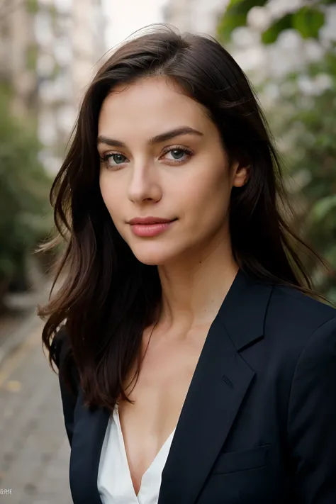 Executive woman, long straight dark hair, wearing a thin and elegant suit, front view, very detailed, 30 years, natural wave hair, blue eyes, innocent face, nature, happy, normal breast, high-res, masterpiece, best quality, intricate details, highly detail...