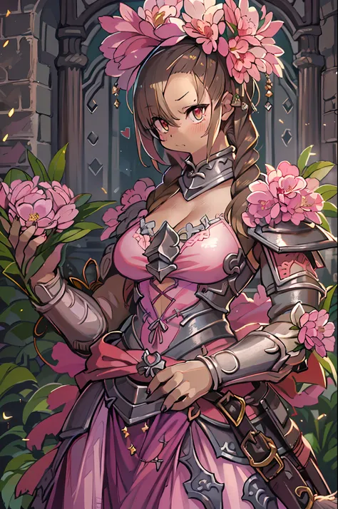 Woman, Serious, Warrior, s Armor, Elegant, Pink dress, nobles, Element of silver, Long nails, Bare shoulders, Hairstyle, Hair UP, Braids and ponytails, Messy, proud, Absurd, detailed dress, royalty, celebration, Hall decorated with flowers, Cowboy Shot, Po...