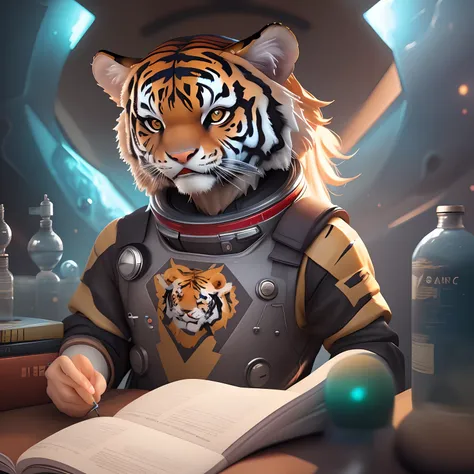 tigre em um traje esspace com um capacete em, tigre personificado, Epic science fiction character art, Wojtek FUS, epic digital art illustration, sci-fi illustration, Illustrative illustration of thought science fiction, jornal tiger reading