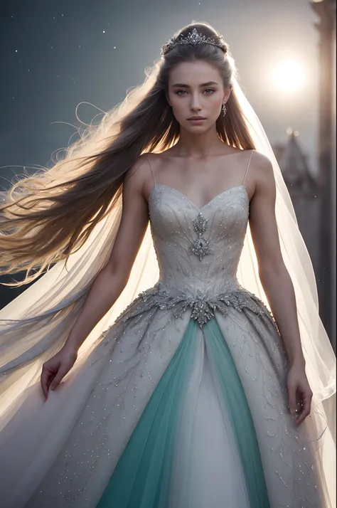 (masterpiece), ((best quality)), a close-up photography of a elegant Princess with very long (windblown:1.1) ombre platinum white hair, disbelief, flat sagging breasts with long , she is strolling in Cinderella castle, she is wearing a beautiful multiple s...