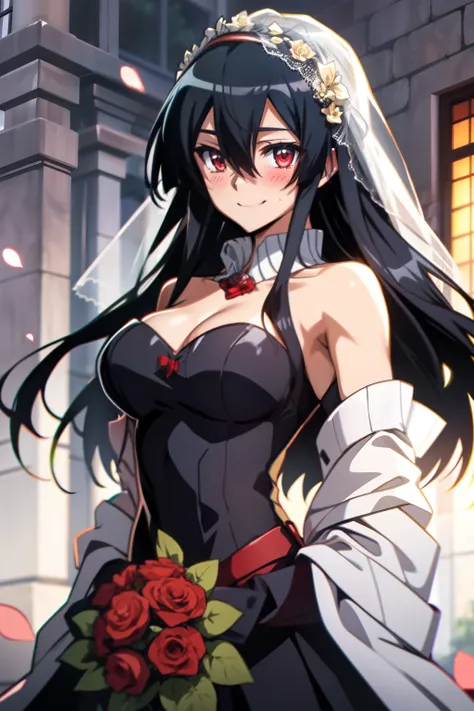 akame (akame ga kill), wearing a off-shoulder strapless wedding dress, warm smile with a blush