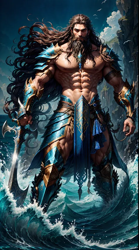 An artistic representation of a formidable warrior with flowing, waist-length hair and a majestic beard, adorned in a suit of intricately designed azure-blue armor that emanates an aura of strength and nobility. The warriors long hair and beard are a testa...