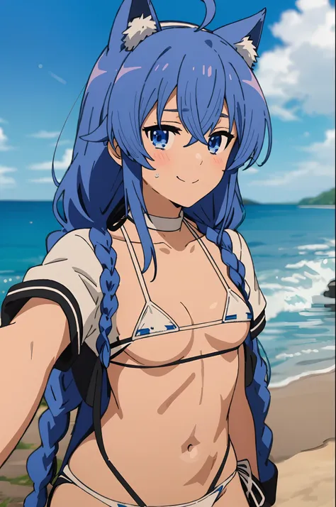 (masterpiece, best quality), Roxy, 1girl, solo, smile, blush, twin braids, long hair, blue hair, ahoge, cat ears, blue eyes, (((bikini))), (((white bikini))), small breasts, upper body, standing, selfie, looking at the viewer, beach, sea