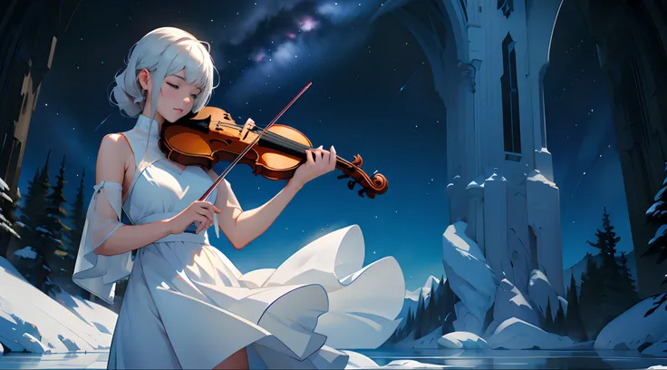 Enveloped in the silence of the universe、A girl wearing a white dress、Fantastic scenery of ice playing violin