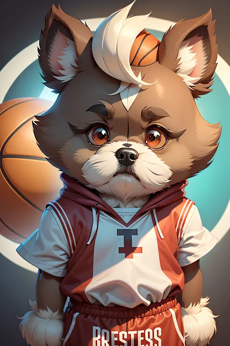 C4tt4stic, Cartoon of basketball player red color uniform、Breed Shih Tzu（ears are light brown、The right half of the face is light brown.、The left half of the face is white、Hair is short）