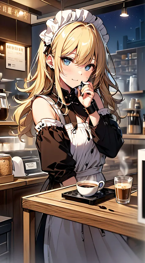 top-quality、Top image quality、​masterpiece、girl with((18year old、Maid clothes with open chest、Best Bust、Bust 85、a blond、Longhaire、Blue eyes、open chest wide、Valley、Happiness、Black wristband on wrist、A slender、耳Nipple Ring、The wind blows,holding coffee cup、c...