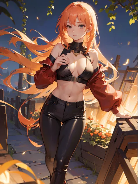 (8K, of the highest quality, masutepiece: 1.2), (Realistic, Photorealistic: 1.37), Super Detail, One girl, Wide-angle angle of view, Firefly Garden, There are many small faint lights and fireflies flying around, Night、Tank Tops、Red leather pants、(massive c...