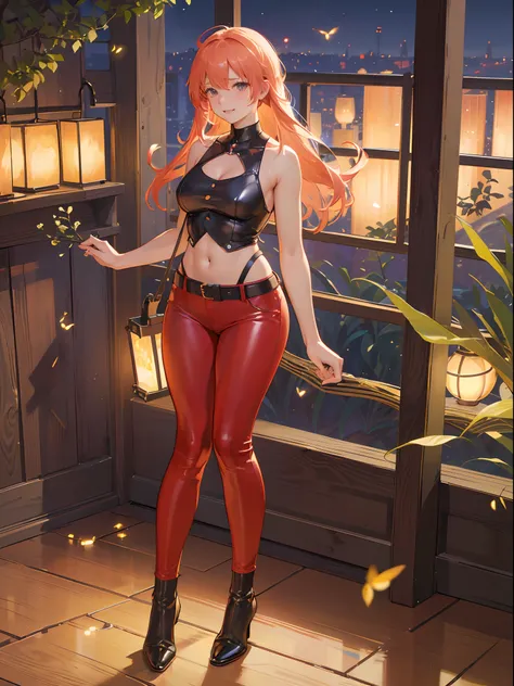 (8K, of the highest quality, masutepiece: 1.2), (Realistic, Photorealistic: 1.37), Super Detail, One girl, Wide-angle angle of view, Firefly Garden, There are many small faint lights and fireflies flying around, Night、Tank Tops、Red leather pants、(massive c...