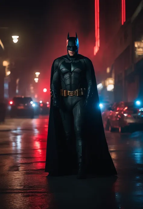 Bill Skarsgård dressed as Batman in a slightly cyberpunk costume, in a dark, cyberpunk-style city with red and blue lighting