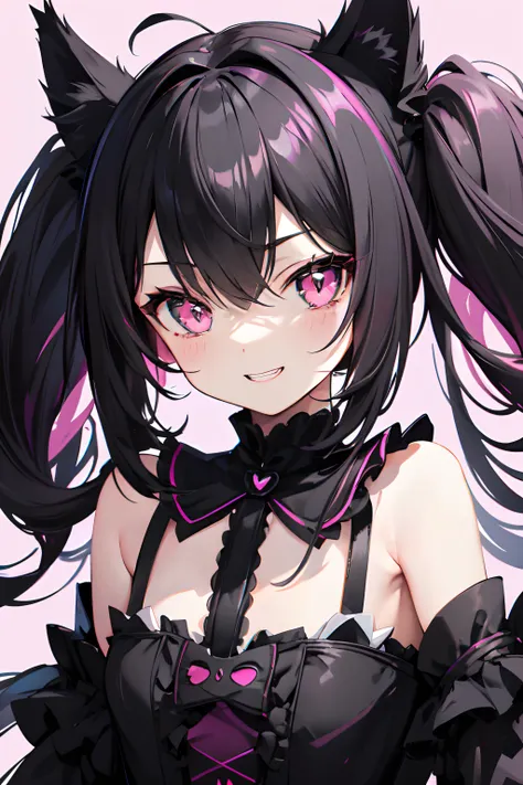 Black color hair，Pink pupils，Hair and waist length，Black-pink Lolita，Pure black cat ears，Toothy smile，pink back ground，small black cat，Focus on the face，detail in face