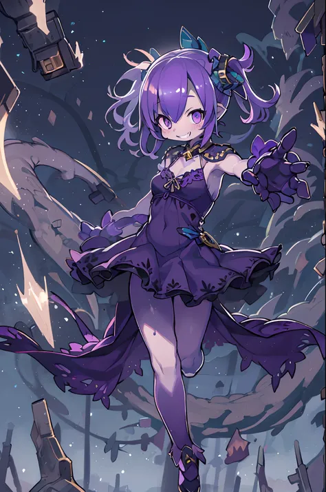 ghost, (Monster Girl), Purple skin, spikes, spiky purple hair, Fanged smile, floating hands, Wearing a dark purple dress, Floating in mid-air, masutepiece, Best Quality