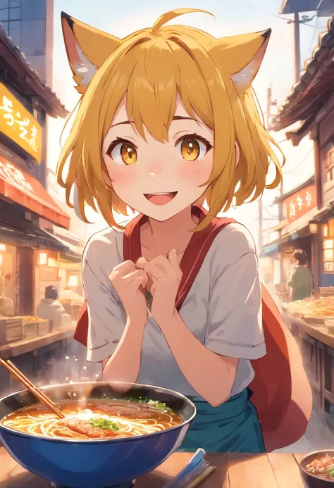 Girls、Yellow hair as a shortcut、A 10-year-old with an impressive smile full of energy。
Ramen、For a light chicken-based soup、Plenty of char siu and menma、It is a royal soy sauce ramen。
Girls、While eating ramen deliciously、Im wearing a bowl from my head。Rice...