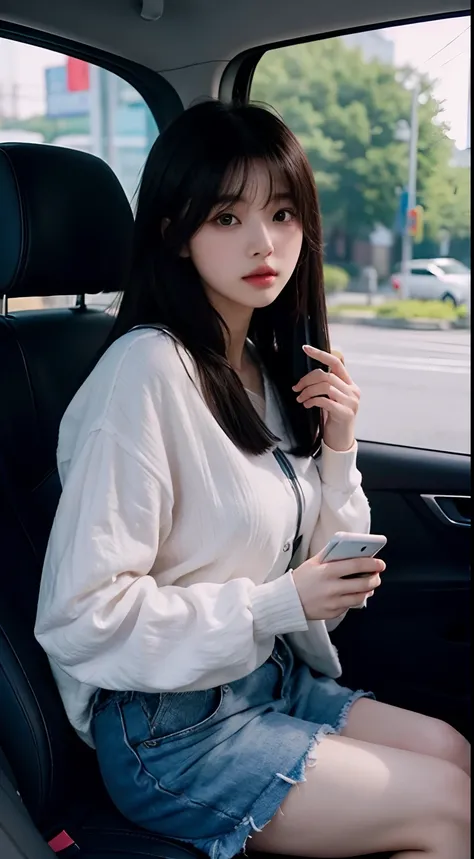 there is a woman that is sitting in a car with a cell phone, ulzzang, chiho, heonhwa choe, sakimichan, young cute wan asian face, 奈良美智, korean girl, taken in the early 2020s, jinyoung shin, young adorable korean face, 8k))