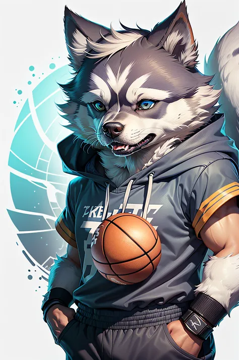 C4tt4stic, Cartoon of basketball player uniform、Siberian Husky（the whole body is light gray color、Blue eyes）