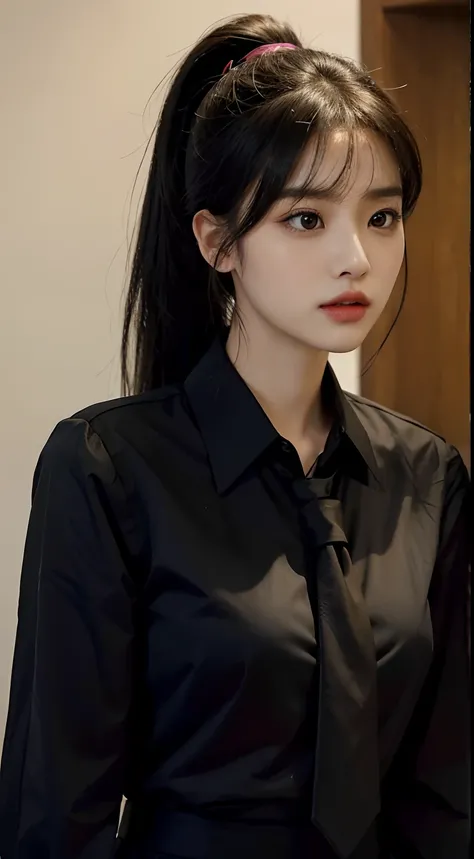 araffe woman with a ponytail and a black shirt and tie, lalisa manobal, cute korean actress, she has black hair with bangs, wan adorable korean face, bae suzy, hwang se - on, sakimichan, korean girl, park ji-min, portrait of female korean idol, dilraba dil...