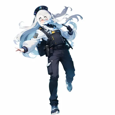 Woman in police uniform with gun, Official Character Art, ( ( character concept art ) ), visual novel sprite, art of kirokaze pixel, Kantai Collection Style, white hair floating in air, 2 d sprite, character artwork, this character has cryokinesis, from gi...