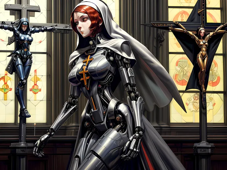 a picture of a (1mecha woman nun: 1.3) praying in church, full body, an exquisite beautiful (ultra detailed, Masterpiece, best quality) (mecha woman nun: 1.4) dynamic angle (best detailed, Masterpiece, best quality), best detailed face, ultra feminine, red...