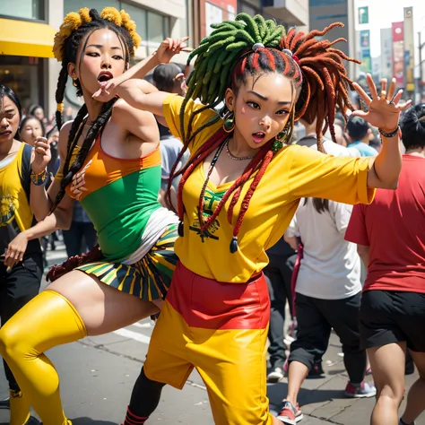 A fusion of pop art, Japanese culture and reggae music. Many men and women with dreadlocks dancing in a lively downtown area. Vivid colors of green, yellow, and red. Retro feel.