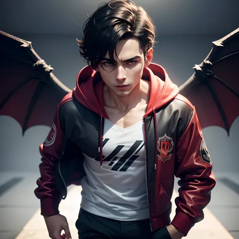 Smart boy, wearing hoody jacket and devil wings, ultra realistic, 8k,